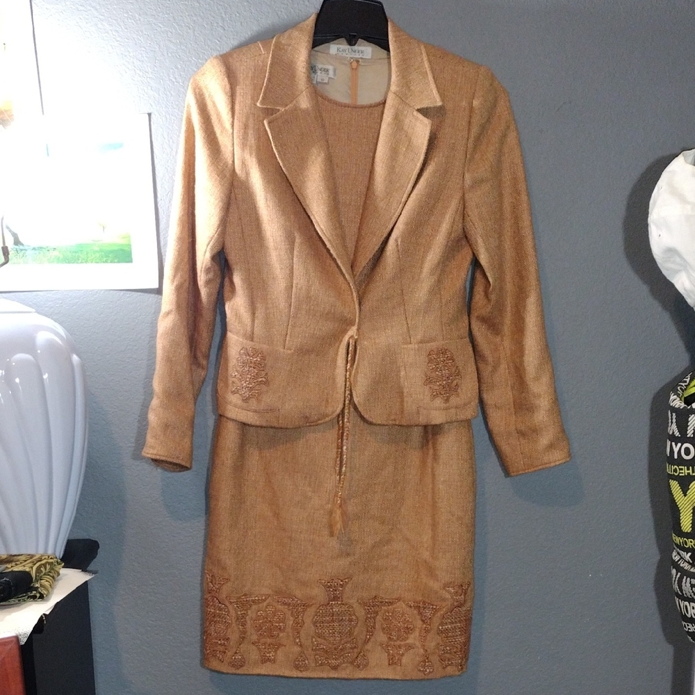 Kay Unger Vintage Dress And Coat Wool Embroidered Set